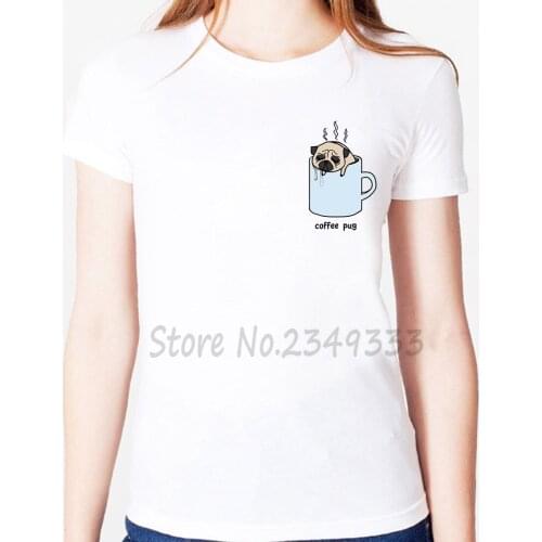 Coffee pug dog pocket Print Women tshirt Modal Casual Loose Funny t shirts For Lady Top Tee Drop Ship SH-34