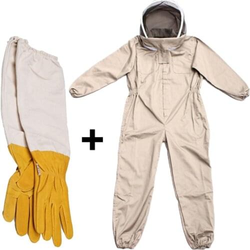 S M L Unisex Cotton Beekeeper Bee Suit Smock Clothing + Beekeeping Protective Goatskin Gloves Gray+White Safely Clothes