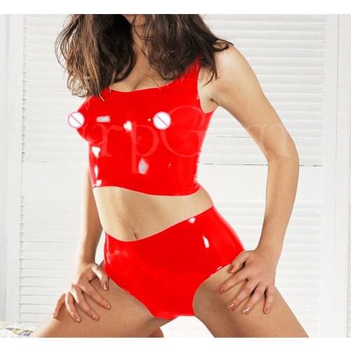 Red / Black latex clothing set include 3D breast bra and underwear rubber latex exotic apparel lingerie set