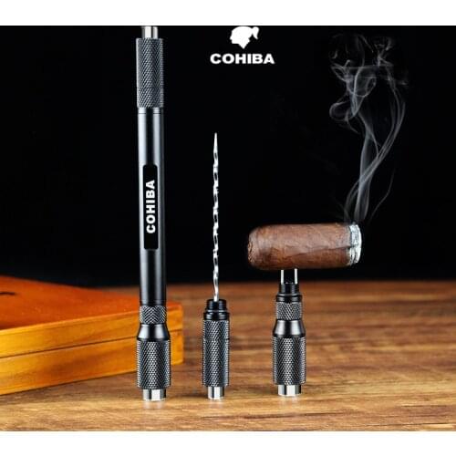 COHIBA Metal Cigar Draw Enhancer Tool Smoker Portable Dredge Drilled Cigar Hole Punch Cutter Sharp Cigar Needles Gift Box