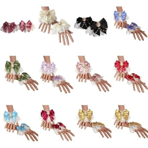 Sweet Lolita Hand Wrist Cuffs Double Layer Floral Lace Bow Bracelet Wristband Imitation Pearl Chain Maid Cosplay Sleeves