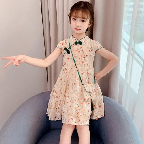 Girls Dress Summer Dress 2021 New Foreign Gas Girl Princess Skirt Childrens Chinese Cheongsam Broken Flower Skirt