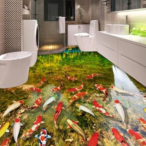 Custom Floor PVC Self-adhesive Sticker Mural Paintings 3D Lake Fish Kitchen Bathroom Floor Wall Paper Photo Wallpaper Home Decor