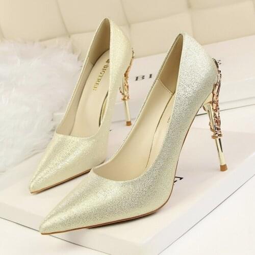 BIGTREE shoes Women 2020 classics high heels Metal Carved heel 10CM wedding praty pumps Fashion Female pointed toe sexy elegant