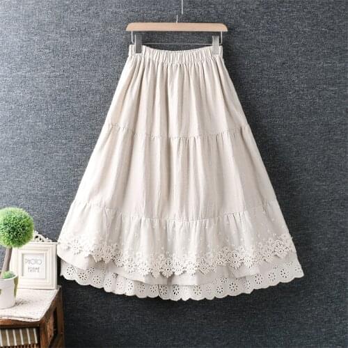 New Spring Autumn Women Cotton Linen Skirt Japan Style Elastic Waist Lace Embroidery Loose Women Skirts