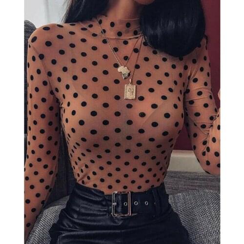 2019 Fashion Trend Women Long Sleeve Stretch Turtleneck Top Slim Fit See Through Polka Dot Skinny T-shirts Spring Autumn Tees