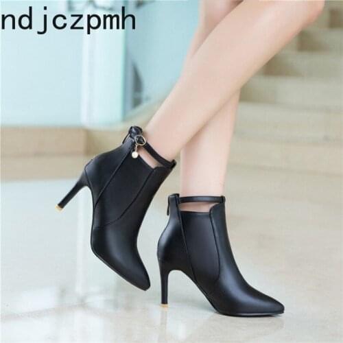 Womens Boots The New fashion winter pearl Pointed zipper High heel Ankle boots Womens shoes plus size 31-47 Heel Height 8.5cm