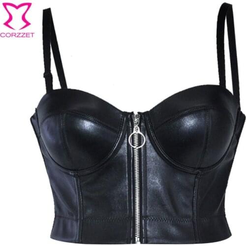 Rock Punk Leather Bras Zipper Push Up Ladies Bra Steampunk Sexy Lingerie Night Clubwear Gothic Bustier Crop Top Bralet For Women