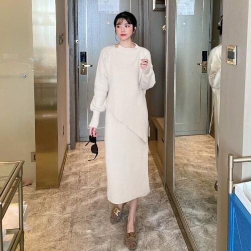2021 2 Pieces Set Women Spring Knitting Costume Tops & Knitted Skirts Fashion Side Split Winter Femme