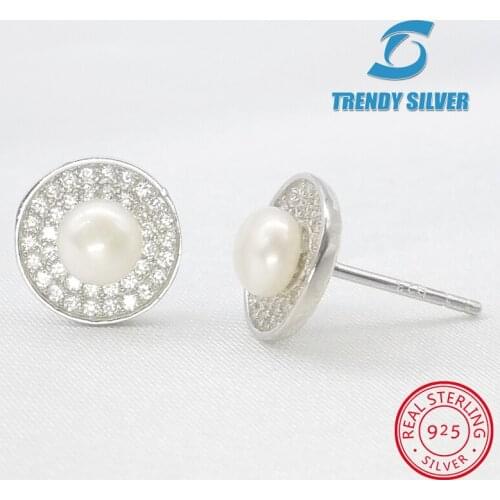 Fresh water natural pearl stub earrings with stones for woman 925 sterling silver jewelry free shipping Valentines gift round