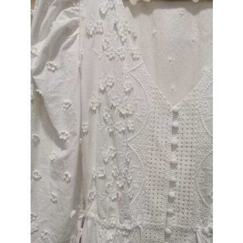 2021 New Summer Womens Midi Dress Flower Embroidery Print Puff Sleeve V-Neck Sweet Single Breasted Long Dresses Ladies Robe