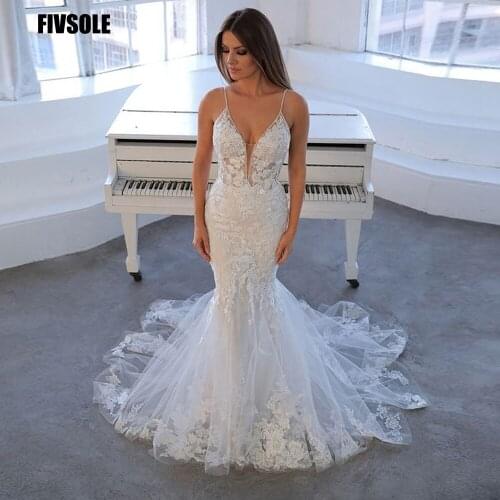 Fivsole Mermaid Wedding Dress 2021 Robes De Mariée Plus Size Bridal Gowns Sexy Court Train V Neck Spaghetti Straps Häämekot