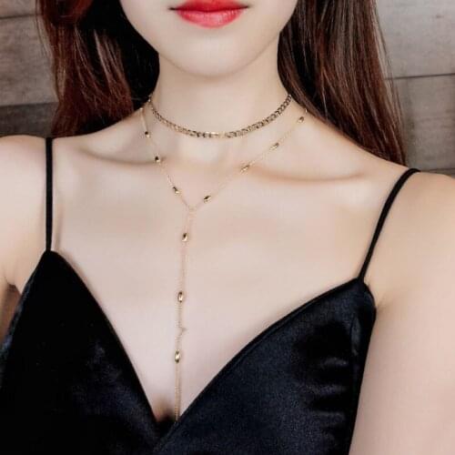 2pcs/set Double Layer Gold Chain Choker Short Necklace for Woman Jewelry Bead Fashion Female Long Tassel Pendant Necklaces