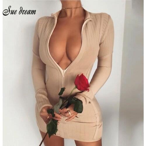 2020 Autumn New Womens Fashion Sexy Apricot Long Sleeve Stand Collar Front Zipper Bandage Dress Bodycon Club Party Mini Dress