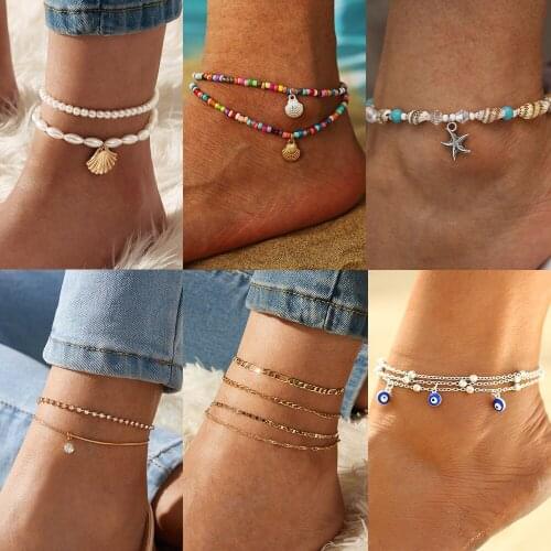 2021 New Retro Fashion BTS Womens Anklet 5 Pieces/set Of Multi-Layer Adjustable Bracelet Legs And Feet Beach Jewelry Gifts