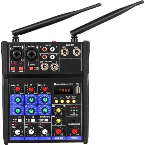 4 Channel Audio Mixer Console with Wireless Microphone Sound Mixing with Bluetooth USB Mini Dj Mixer