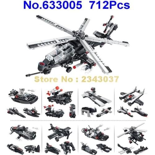 633005 712pcs 8in1 Military Attack Helicopter Speedboat Rocket Missile Vehicle Submarine Plane Car Building Blocks Toy