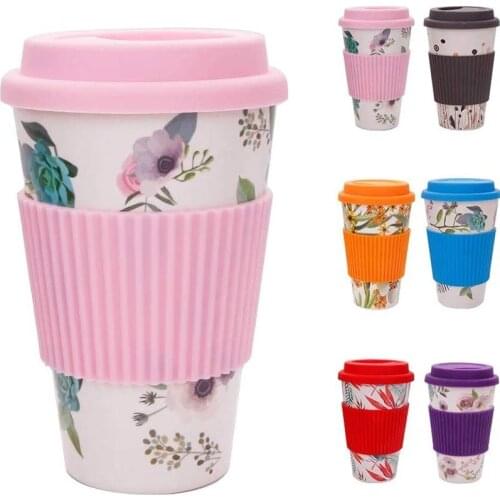 Bamboo Fiber Milk Cup with Silicone Cap Creative Non-Slip Printing Reusable Coffee Tea Mug Portable Travel Home Office Drinkware
