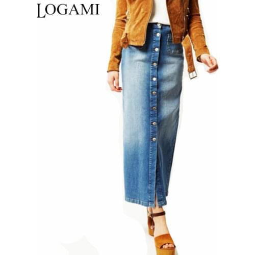 LOGAMI High Waist Denim Skirts Womens Long Button Gradient Straight Skirt Women Spring Summer Skirt