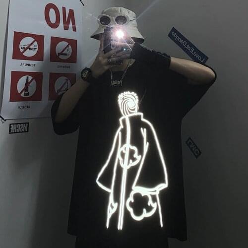 Cool White Tshirt Streetwear Summer Amine Cotton Harajuku T-shirt Casual Cartoon Tops Funny Japan Reflective Tshirt Streetwear
