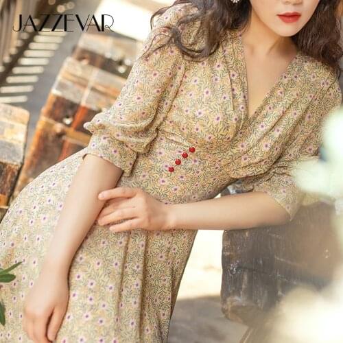 JAZZEVAR 2021 Summer New Womens Elegant Floral Print Chiffon Dress Female Prairie Chic Style V-Neck Lady Long Dresses