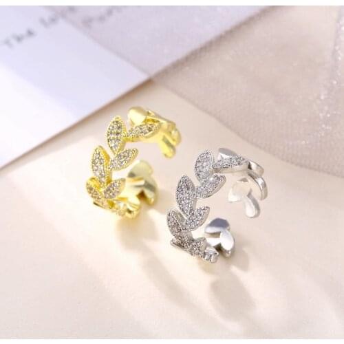 Gold Leaf Ring New Brand Adjustable Open Ring For Women Zircon Paved Vintage Bridal Jewelry For Enagaement Wedding Gift