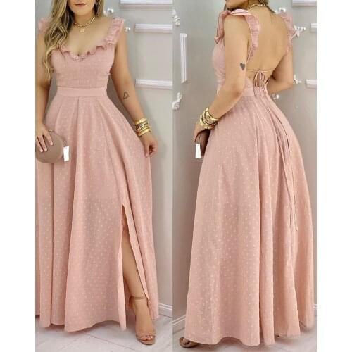 Summer Women 2021 Elegant Ladies V Neck Ruffle Hem Open Back Slit Maxi Dresses Sexy Party Long Dress