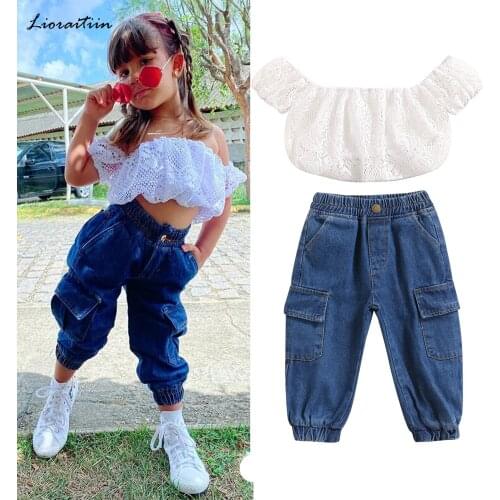 Lioraitiin 0-6Years Toddler Baby GIrl 2 Pcs Solid Color Outfits Off Shoulder Hollow Short Sleeve Crop Tops Jeans with Pockets