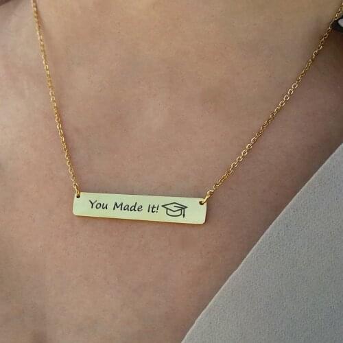 Minimalist Bar Graduation Necklace Engraved You Made it Follow Your Dream Choker Necklace For Women Dr Hat Pendant Gold BFF