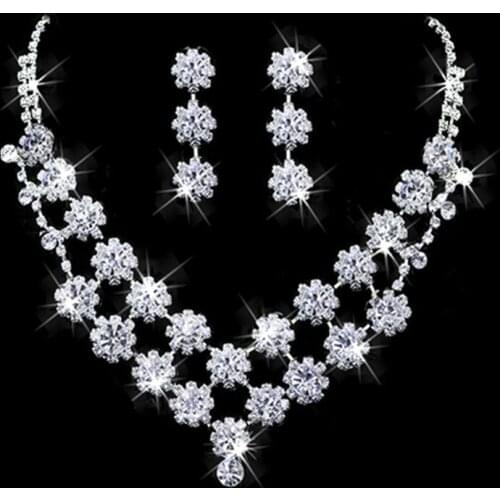 Trendy Female Crystal Flower Jewelry Set Charm Silver Color Dangle Earrings For Women Boho Zircon Stone Wedding Chain Necklace
