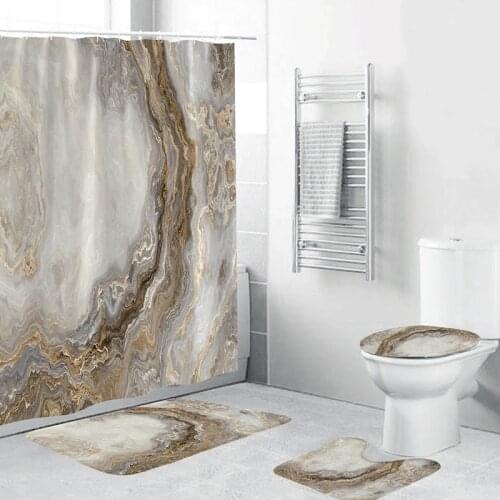 White Marble Shower Curtain Set with Non Slip Rug Bath Mat Carpet Modern Home Decoration Bathroom Curtains Toilet Lid Cover