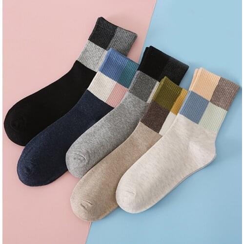 Elegant Patchwork Pattern Woman Socks Colorful Top Quality Cotton Beige Black Khaki Grey Navy 5 Colors Classic Casual Crew Sock