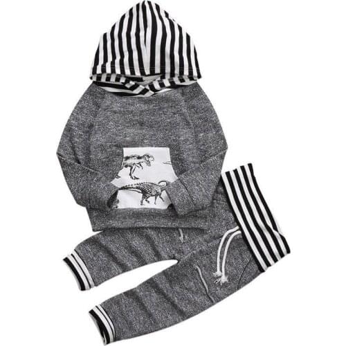 2020 New Cotton Newborn Kid Baby Boy Dinosaur Print Clothes Set Long Sleeve Striped Hoodies Top Coat Long Pants Outfit