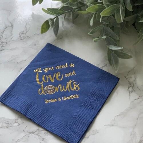 Personalized Wedding Napkins - All You Need is Love and Donuts, Rehearsal Dinner, Custom Engagement Napkins, Wedding Napkins
