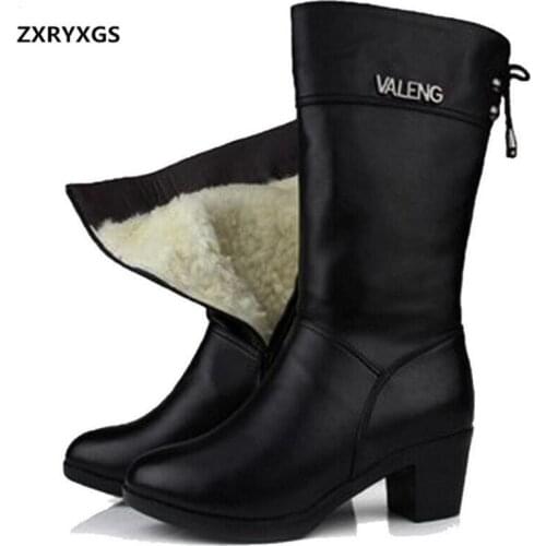 Top Cowhide Plush / Wool Women Shoes Warm Boots Genuine Leather Boots 2021 Plus Size In-tube Snow Boots Winter Shoes Women Boots