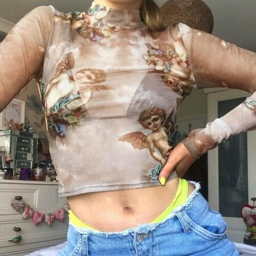 Sexy Clubwear 20020 Women Long Sleeve Sheer Mesh Angel Printed Blouse Shirt Top Ladies Printed See Through Crop Top Tees Shirts