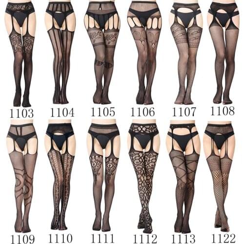 Sexy lingerie Female erotic stockings with a belt Black Lace Transparent fishnet tights women pantyhose long thigh high stocking