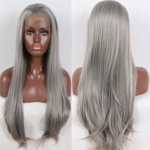 Bombshell Silver Grey Straight Synthetic Lace Front Wig Heat Resistant Fiber Hair Natural Hairline Free Parting For Women Wigs