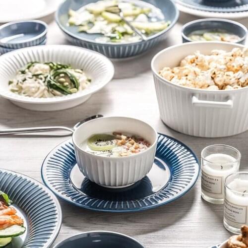 Nordic Vertical Stripes Dinner Plate Ceramic Kitchen Plate Tableware Set Food Dishes Rice Salad Noodles Bowl Soup Pot 1pc