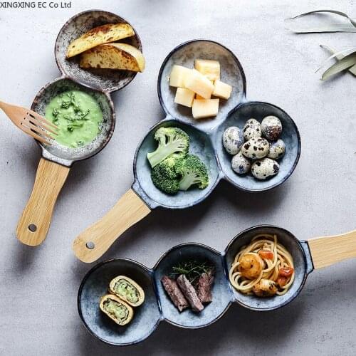 Creative Ceramics with Handles Three Grid Home Snack Salad Fruit Bowl Snack Retro Bowl Restaurant Sauce Bowl Snack Platter