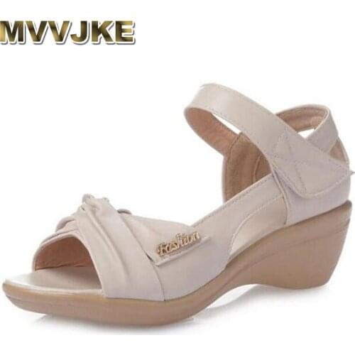 MVVJKE Summer Woman Shoes Leather Soft Sole Open Toe Wedge Sandals Casual Women Shoes 2020 New Fashion Women Sandal