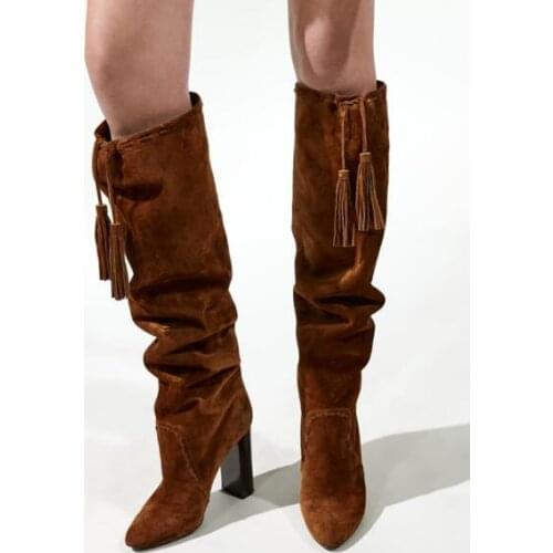 Autumn New Brand Women Fashion Black Brown Solid Color Pointed Toe Tassel Fringed Square Heels Slip On Knee High Boots Plus Size