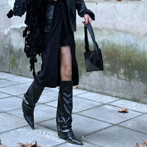 Brand designer shoes wedge high heels autumn winter knee high boots woman pointed toe runway boots leather cowboy women shoes