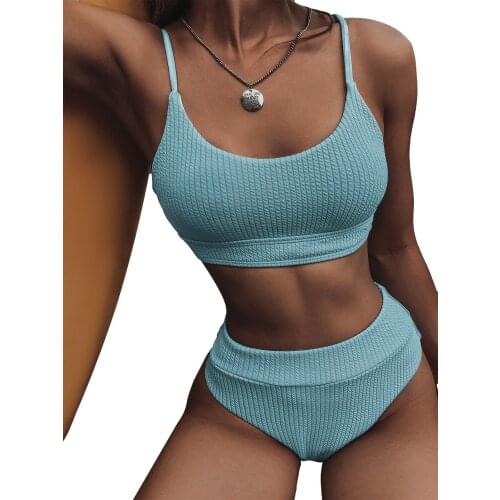 Women Fashion 2-piece Swimming Suit Sleeveless Solid Color Bikini Tops + Bottoms Set for Ladies Swimwear