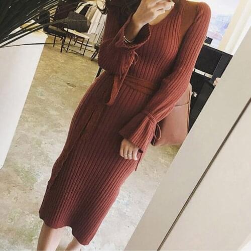 Fashion Womens Long Sweater Dress Long Sleeve V-neck Knitted Long Dress Autumn and Winter Fashion