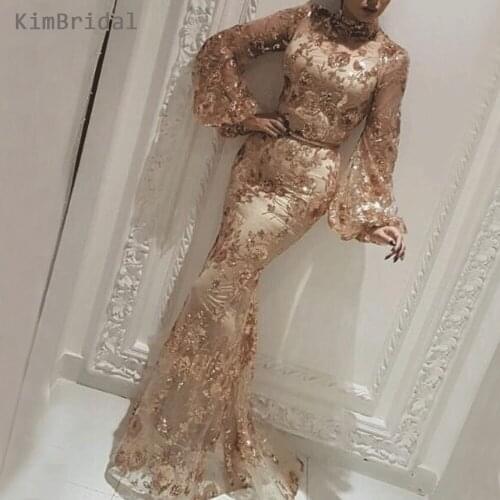 Champagne Prom Dresses Lace Appliques Sequins Mermaid Long Sleeve Long Evening Dresses Vestidos de Fiesta