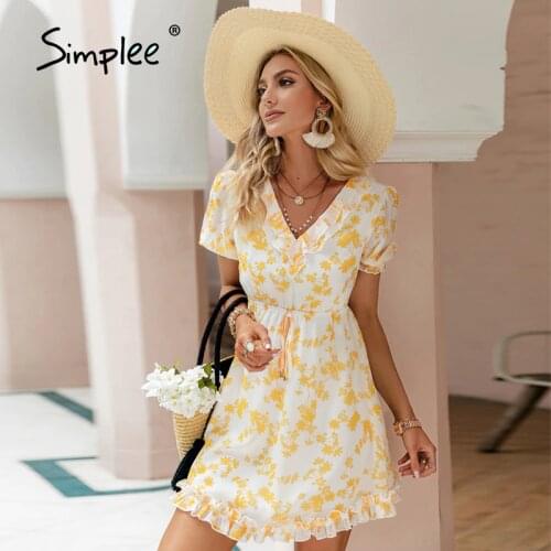 Simplee Vintage floral mini dress women Fashion V neck puff short sleeves dress Elegant lace-up wrap printed dress