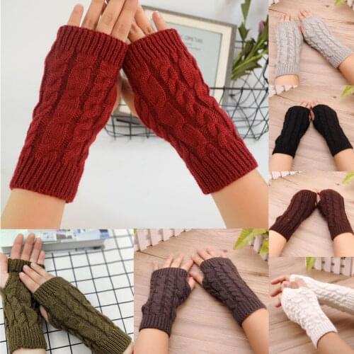 Winter Womens Warmer Knit Sweater Mittens Work Gloves Long Fingerless Solid Color Riding Mobile Phone Gloves Stretch Fingerless
