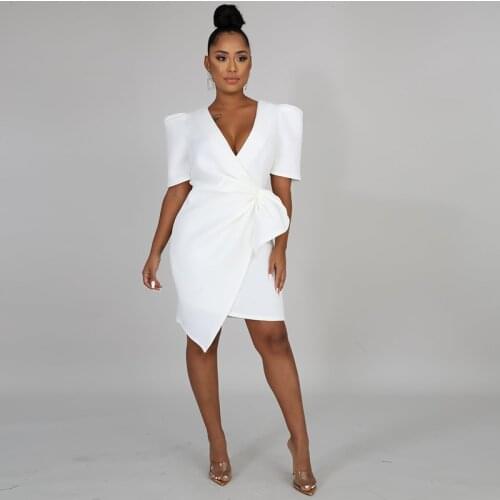 2021 Summer Sexy Womens Solid Bow Ruched Deep V-neck Short Sleeve Bodycon Dress Office Lady High Waist Business Formal Dresses