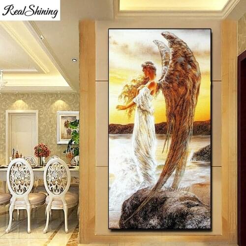 Full Square round drill Diamond painting feather girl Diamond embroidery Cross stitch angle large Entrance, aisle wall art F519